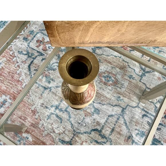 Vintage Designer Etched Floral Brass Vase, Beige Enamel, Bud Vase, Artwork - Picture 6 of 7